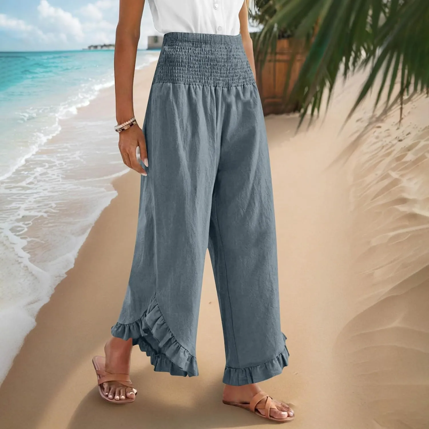Women Palazzo Pants Summer Boho Flowy Wide Leg Smocked Waist Ruffle Hem Beach Gauze Trousers Pant Vacation Outfits