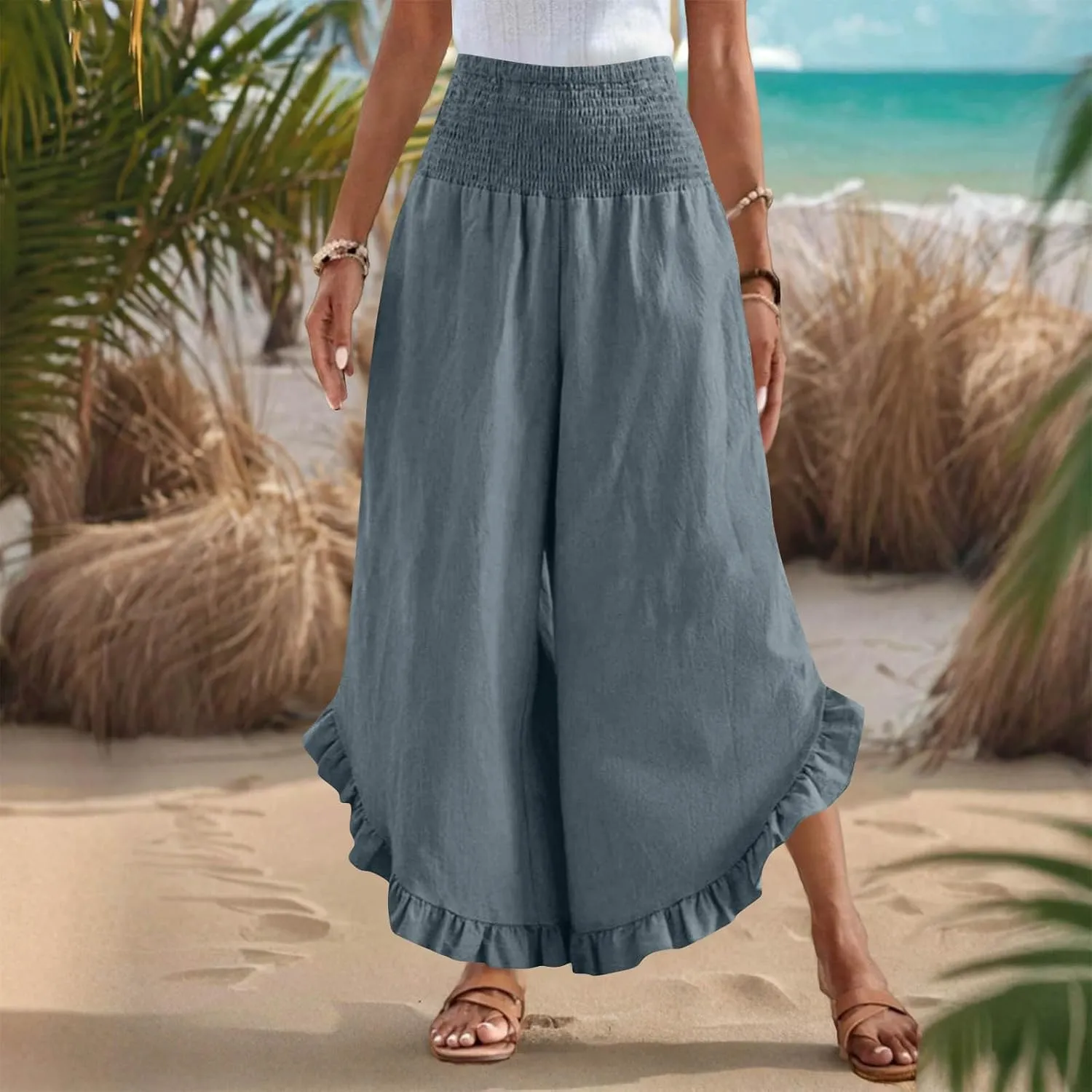 Women Palazzo Pants Summer Boho Flowy Wide Leg Smocked Waist Ruffle Hem Beach Gauze Trousers Pant Vacation Outfits