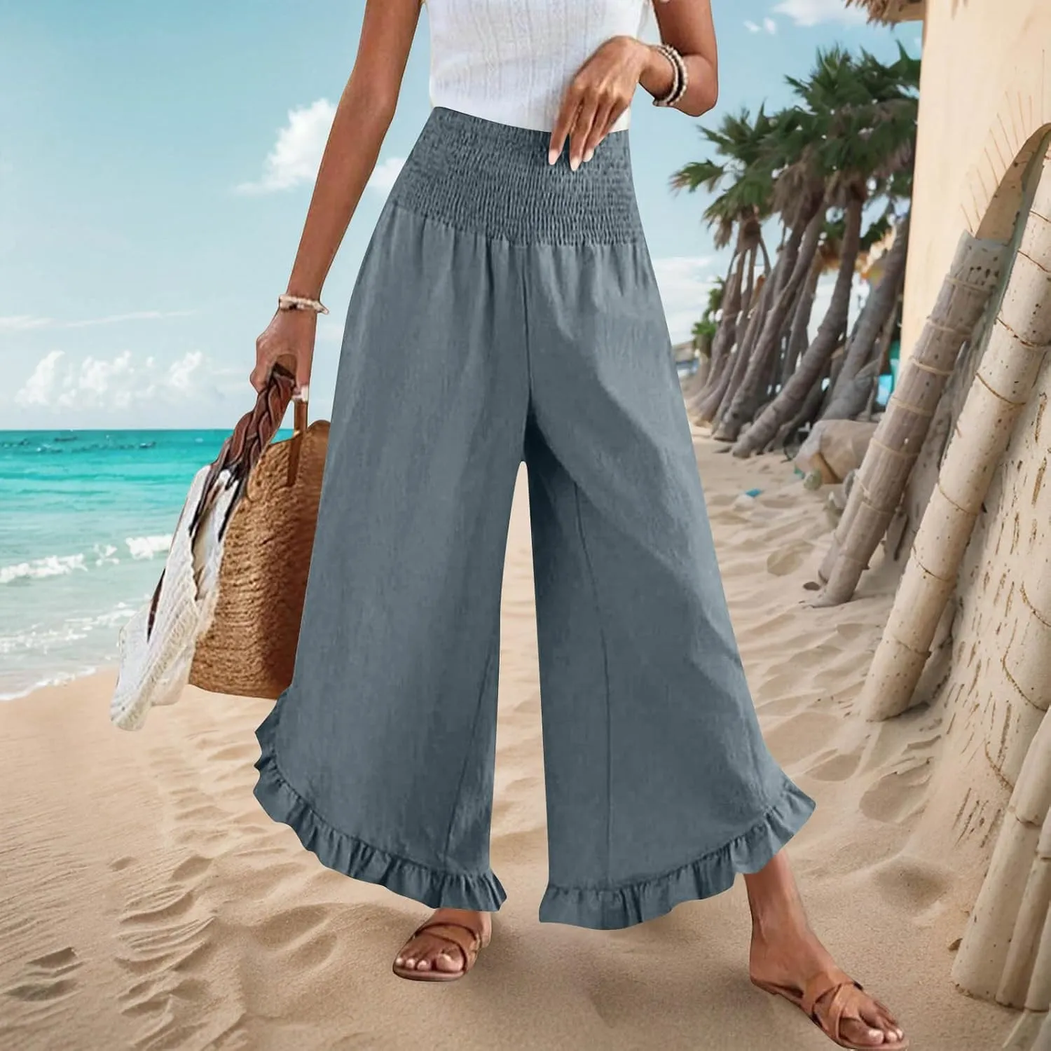 Women Palazzo Pants Summer Boho Flowy Wide Leg Smocked Waist Ruffle Hem Beach Gauze Trousers Pant Vacation Outfits