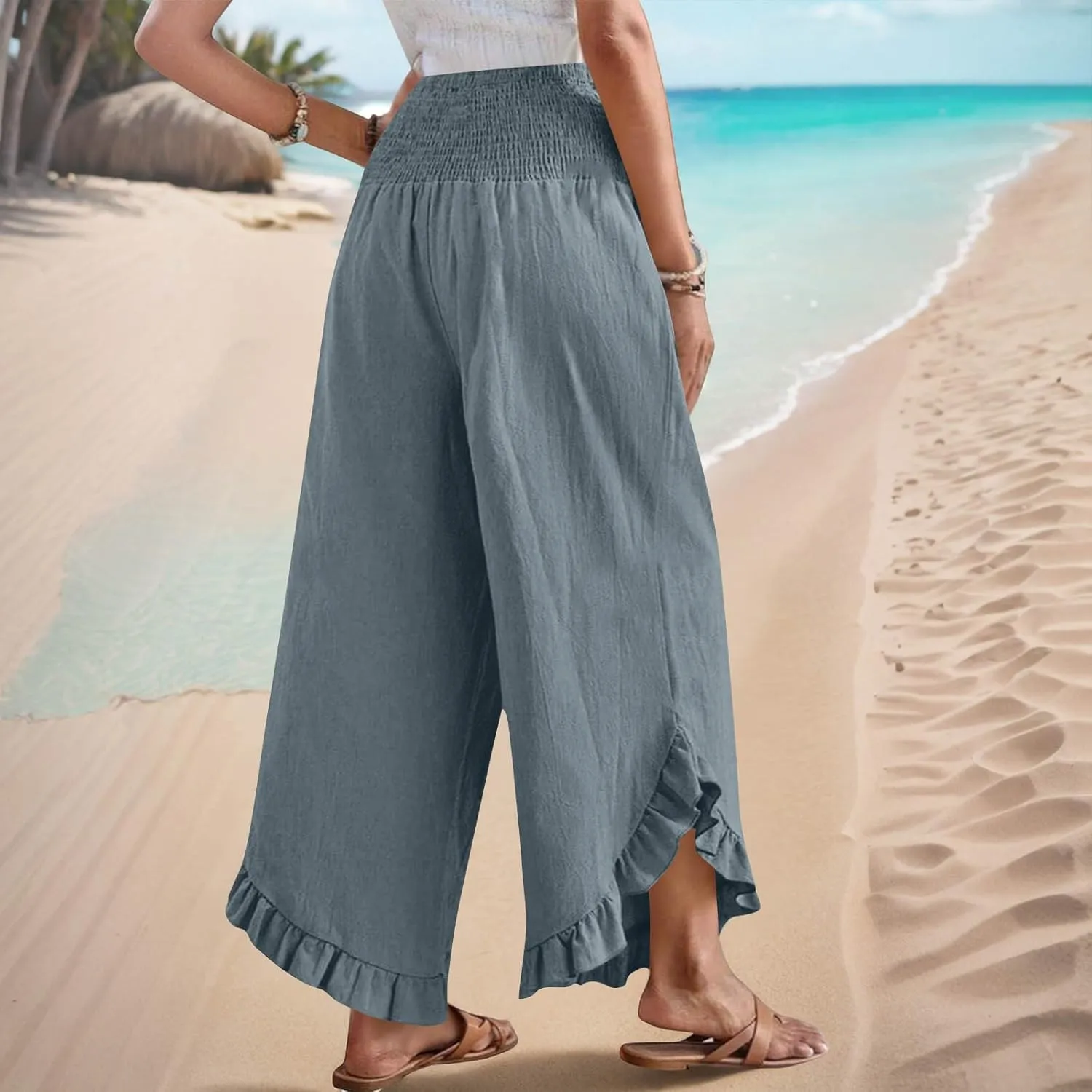 Women Palazzo Pants Summer Boho Flowy Wide Leg Smocked Waist Ruffle Hem Beach Gauze Trousers Pant Vacation Outfits