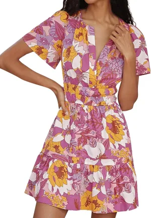 Women Somerset Mini Dress 2025 Summer Casual Floral Print V Neck Short Sleeve Tiered Boho Vacation Beach Dresses