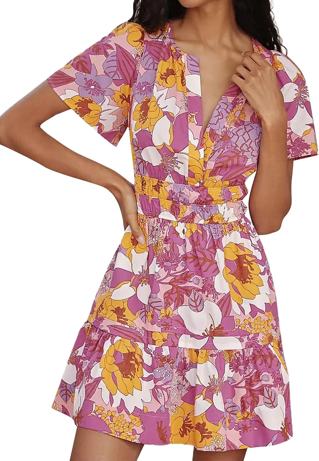 Women Somerset Mini Dress 2025 Summer Casual Floral Print V Neck Short Sleeve Tiered Boho Vacation Beach Dresses