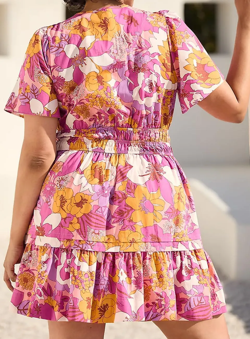 Women Somerset Mini Dress 2025 Summer Casual Floral Print V Neck Short Sleeve Tiered Boho Vacation Beach Dresses