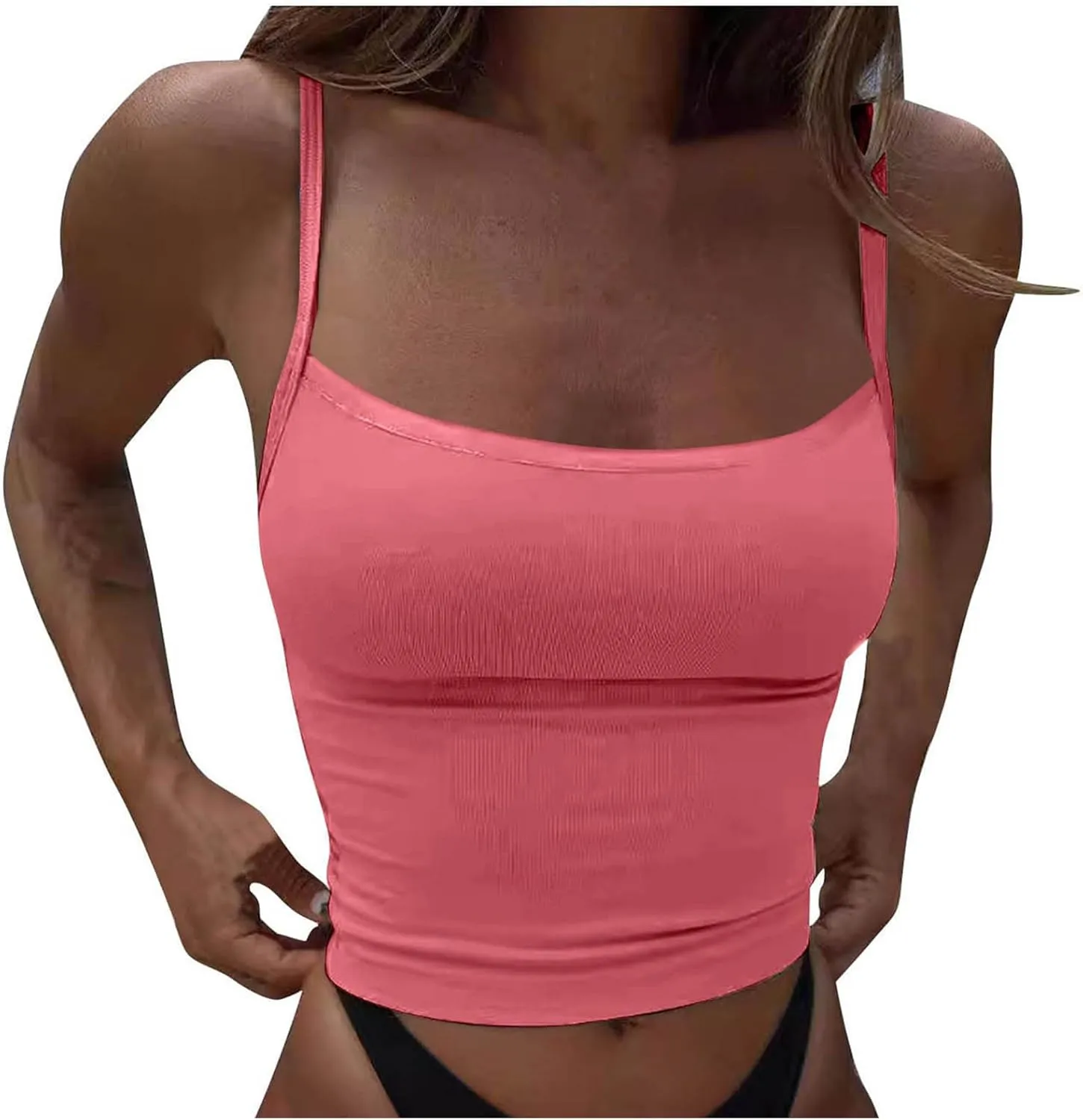 Women Spaghetti Strap Cropped Tank Solid High Elastic Sexy Camisole Sleeveless Summer Comfy Top Stretch Slim Fit Shirt