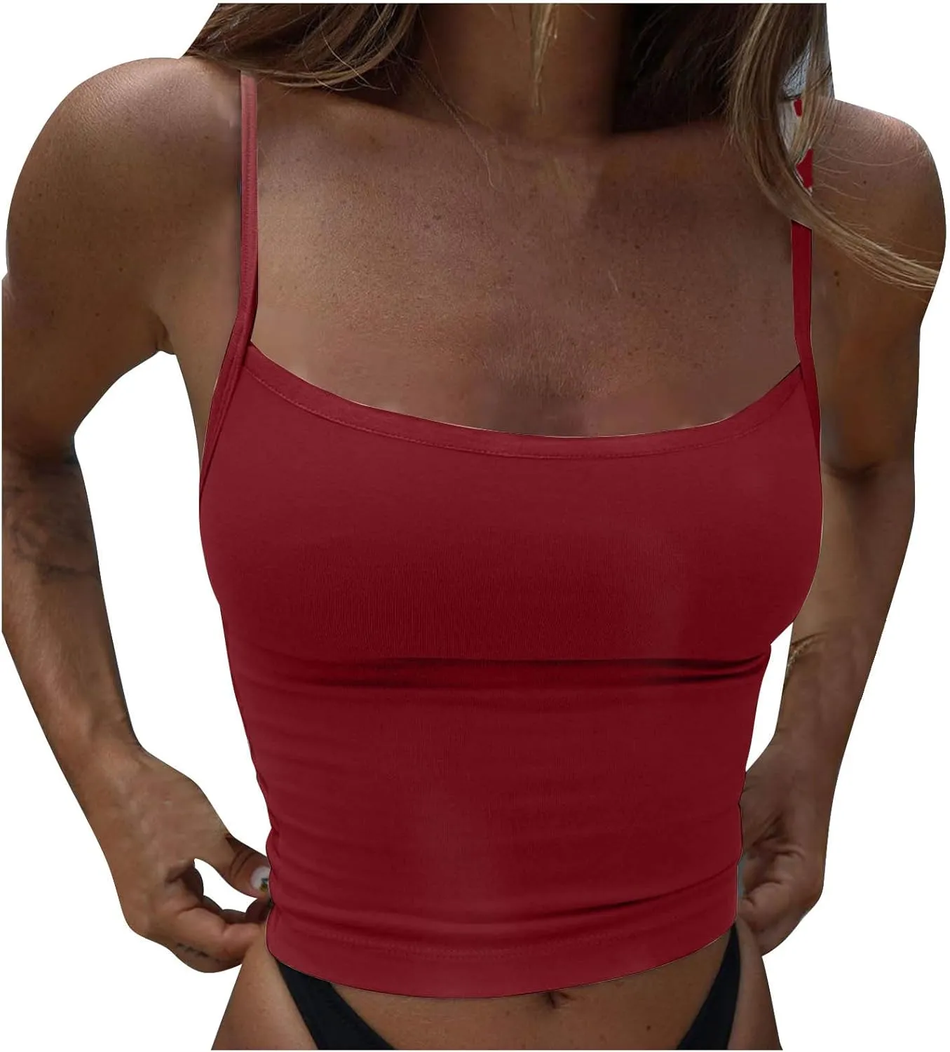 Women Spaghetti Strap Cropped Tank Solid High Elastic Sexy Camisole Sleeveless Summer Comfy Top Stretch Slim Fit Shirt