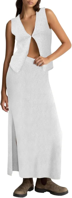 Women Summer 2 Piece Skirt Outfit V Neck Button Tank Top Vest Bodycon Knit Maxi Long Skirt Set Waffle Dress Suit