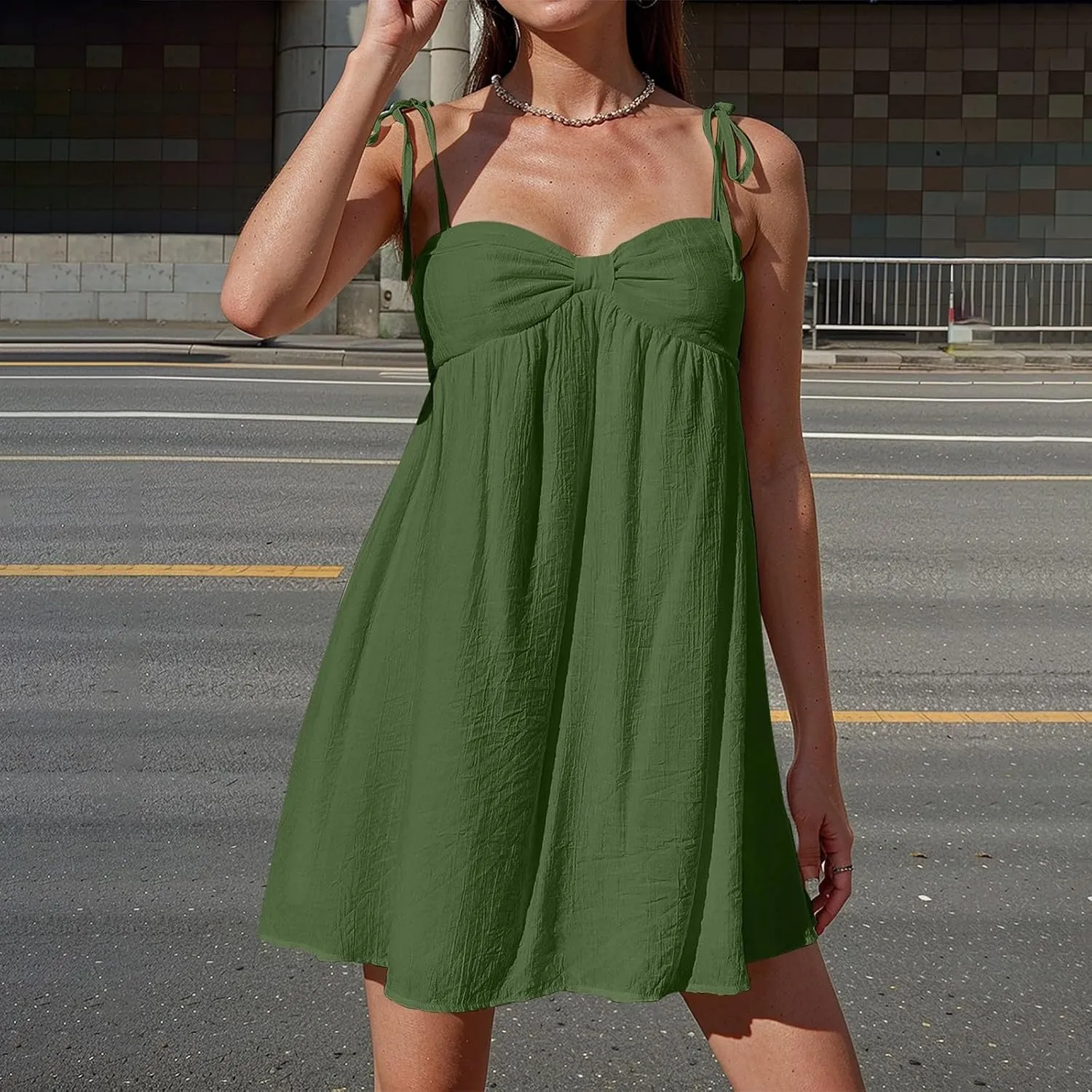 Women Summer Dresses Casual Sleeveless Flowy Mini Dress Cute Bowknot Spaghetti Strap Dress Y2k Boho Beach Sundresses