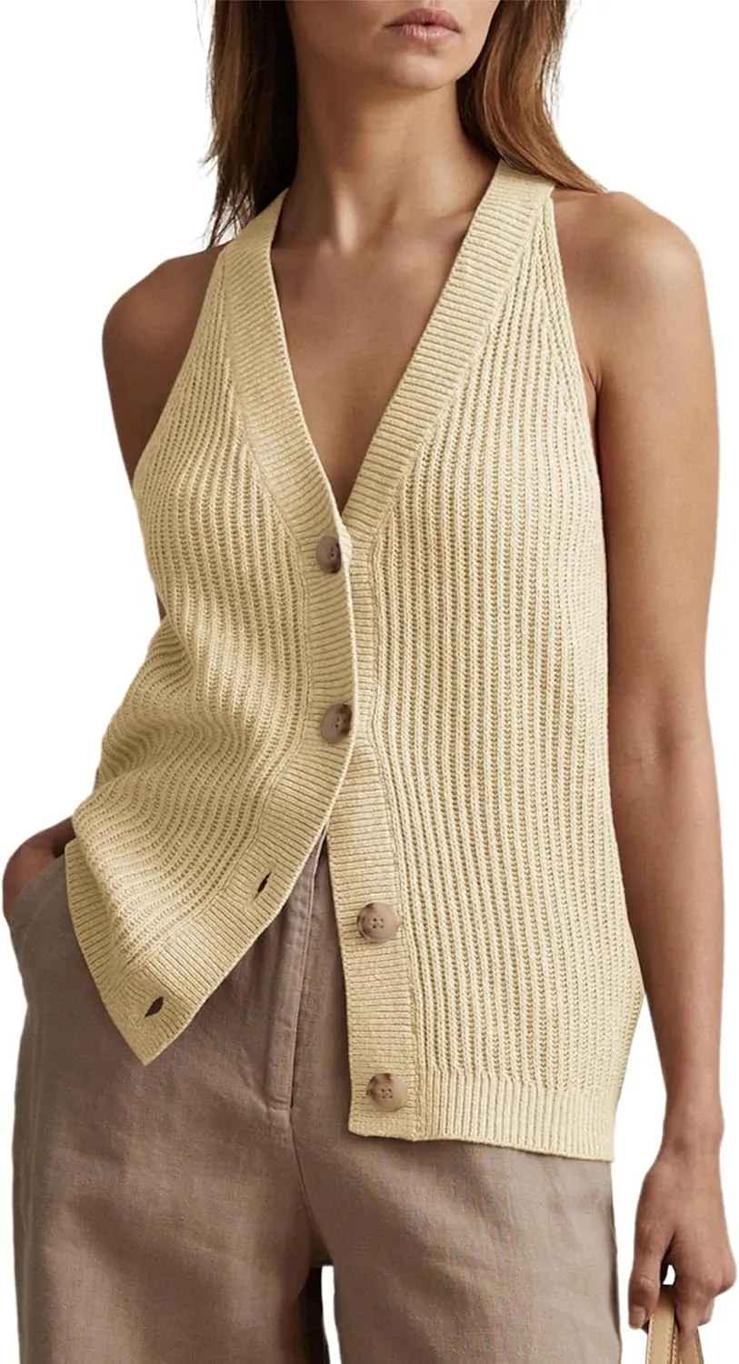 Women Sweater Vest Tops Sleeveless Button Down V Neck Knit Tank Top Slim Casual Cardigan Vest