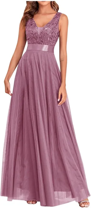 Women V Neck Tulle Bridesmaid Dress Sleeveless Embroidered A Line Long Formal Dresses Maxi Cocktail Evening Party Gowns