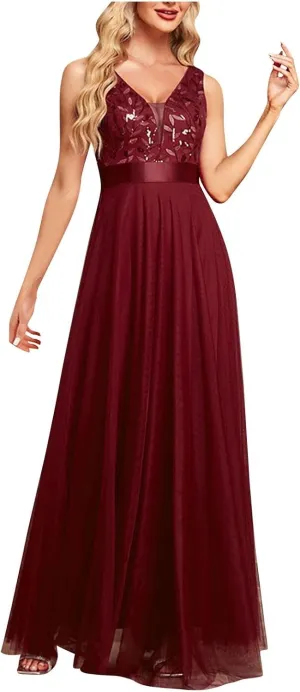 Women V Neck Tulle Bridesmaid Dress Sleeveless Embroidered A Line Long Formal Dresses Maxi Cocktail Evening Party Gowns