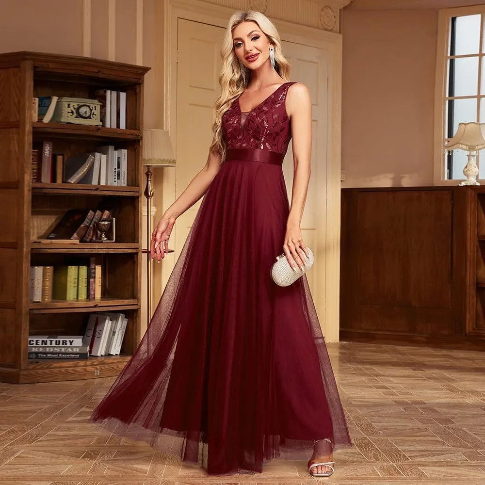 Women V Neck Tulle Bridesmaid Dress Sleeveless Embroidered A Line Long Formal Dresses Maxi Cocktail Evening Party Gowns