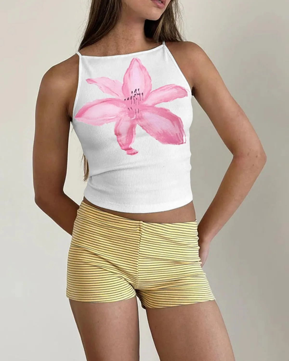 Women Y2k Floral Print Spaghetti Strap Crop Tank Tops Cute Boat Neck Tight Fitted Sleeveless Camisole Going Out