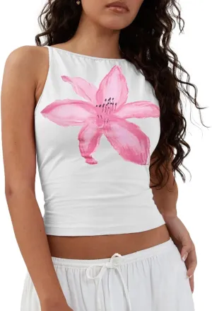 Women Y2k Floral Print Spaghetti Strap Crop Tank Tops Cute Boat Neck Tight Fitted Sleeveless Camisole Going Out
