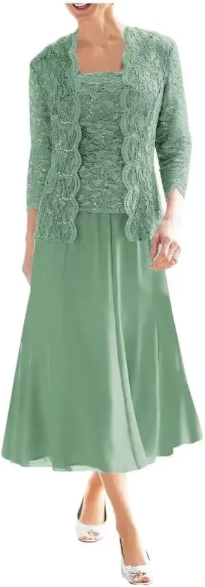Women's 2 Pieces Mother of The Bride Dresses with Jackets Tea Length Lace Sequin Formal Dresses for Women Wedding Guest