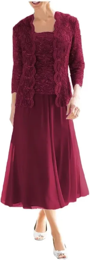 Women's 2 Pieces Mother of The Bride Dresses with Jackets Tea Length Lace Sequin Formal Dresses for Women Wedding Guest