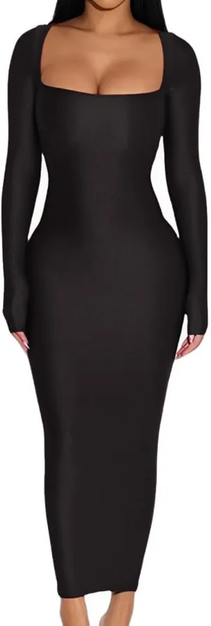 Women's 2024 Fall Maxi Dress Sexy Square Neck Long Sleeve Back Slit Bodycon Party Club Long Dresses