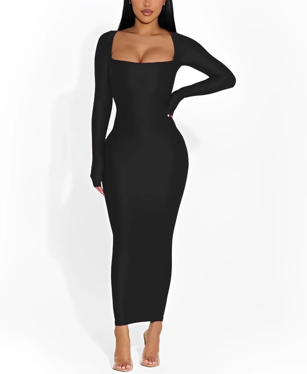 Women's 2024 Fall Maxi Dress Sexy Square Neck Long Sleeve Back Slit Bodycon Party Club Long Dresses