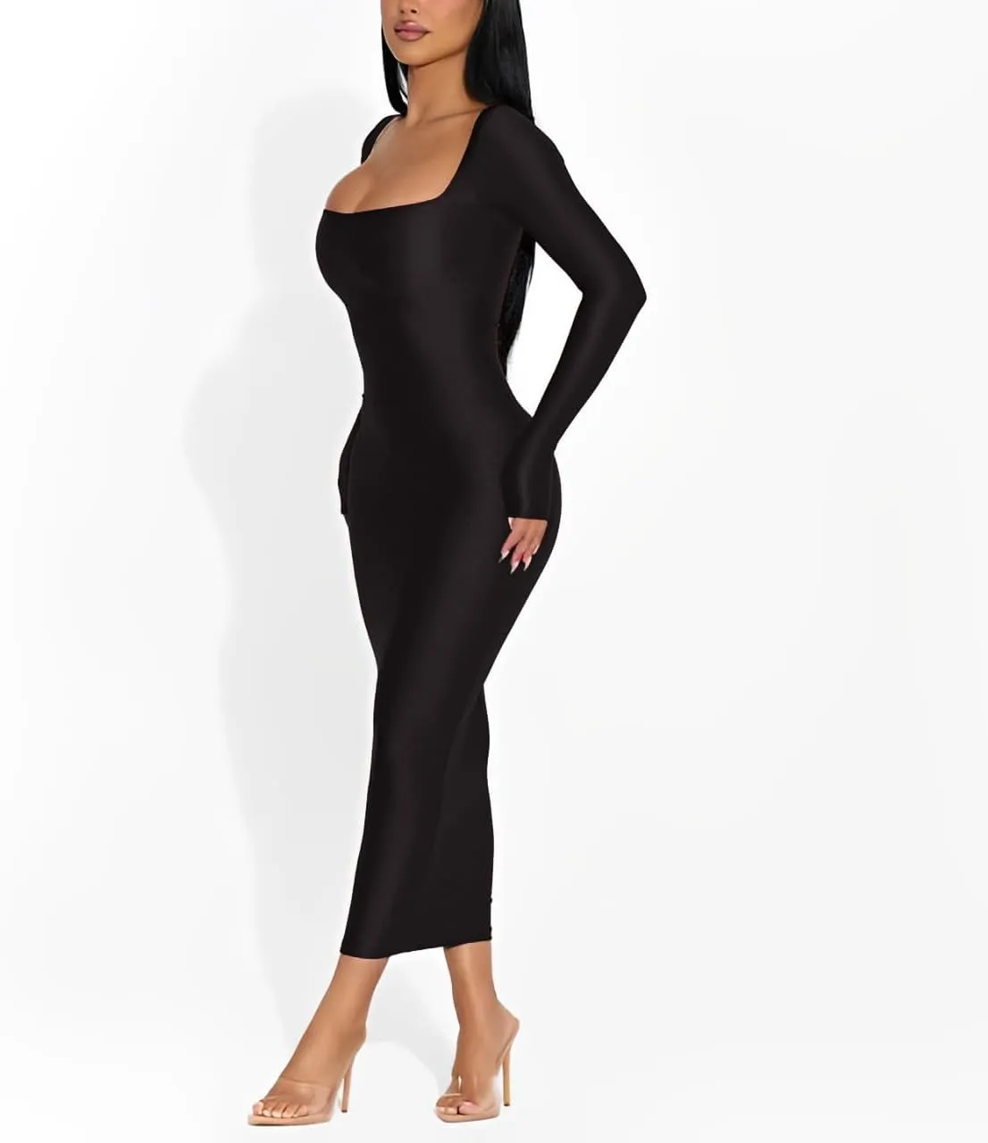 Women's 2024 Fall Maxi Dress Sexy Square Neck Long Sleeve Back Slit Bodycon Party Club Long Dresses