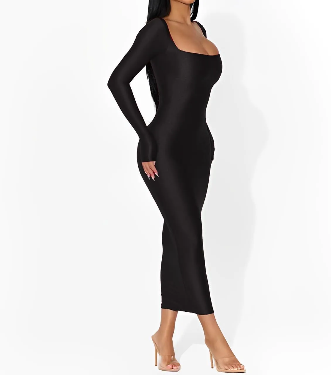 Women's 2024 Fall Maxi Dress Sexy Square Neck Long Sleeve Back Slit Bodycon Party Club Long Dresses