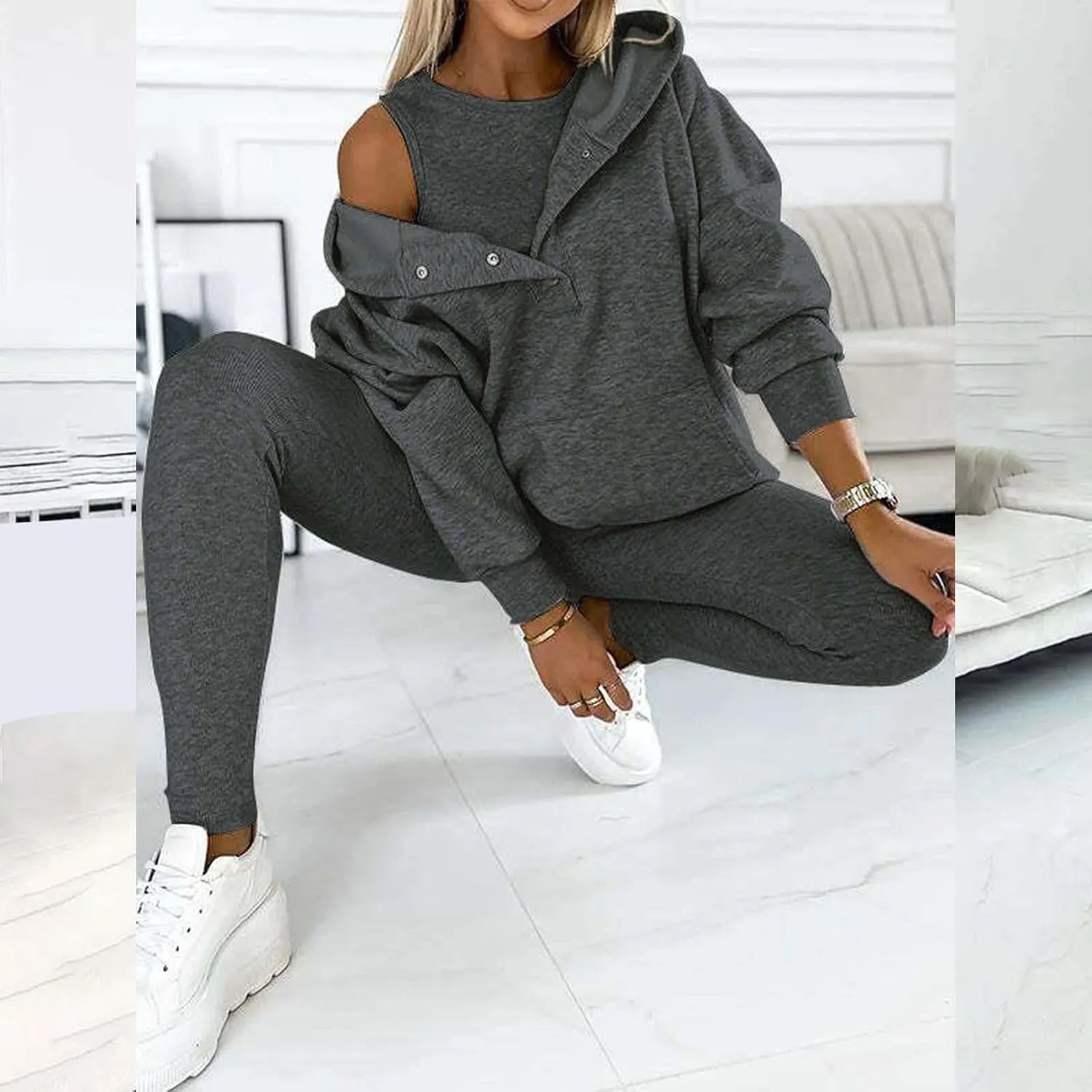 Womens 3 Piece Sports Outfits Lounge Hoodie Sweatsuit Sets Oversized Sweatshirt Baggy Fall Slim Trousers Vest Sweatpants