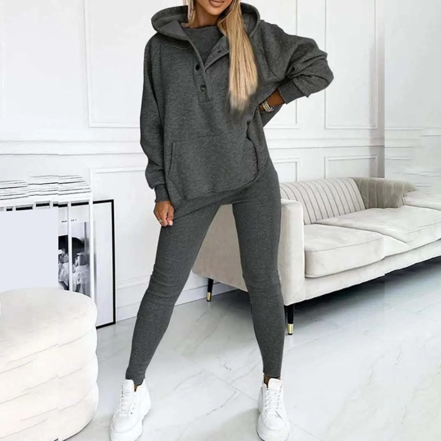 Womens 3 Piece Sports Outfits Lounge Hoodie Sweatsuit Sets Oversized Sweatshirt Baggy Fall Slim Trousers Vest Sweatpants