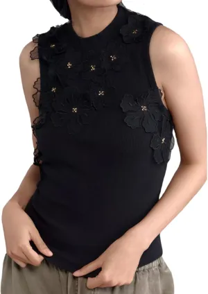Womens 3D Flower Applique Tank Top 2025 Cute Floral Mock Neck Sleeveless Tops Summer Slim Fit Ribbed Knit Shirts