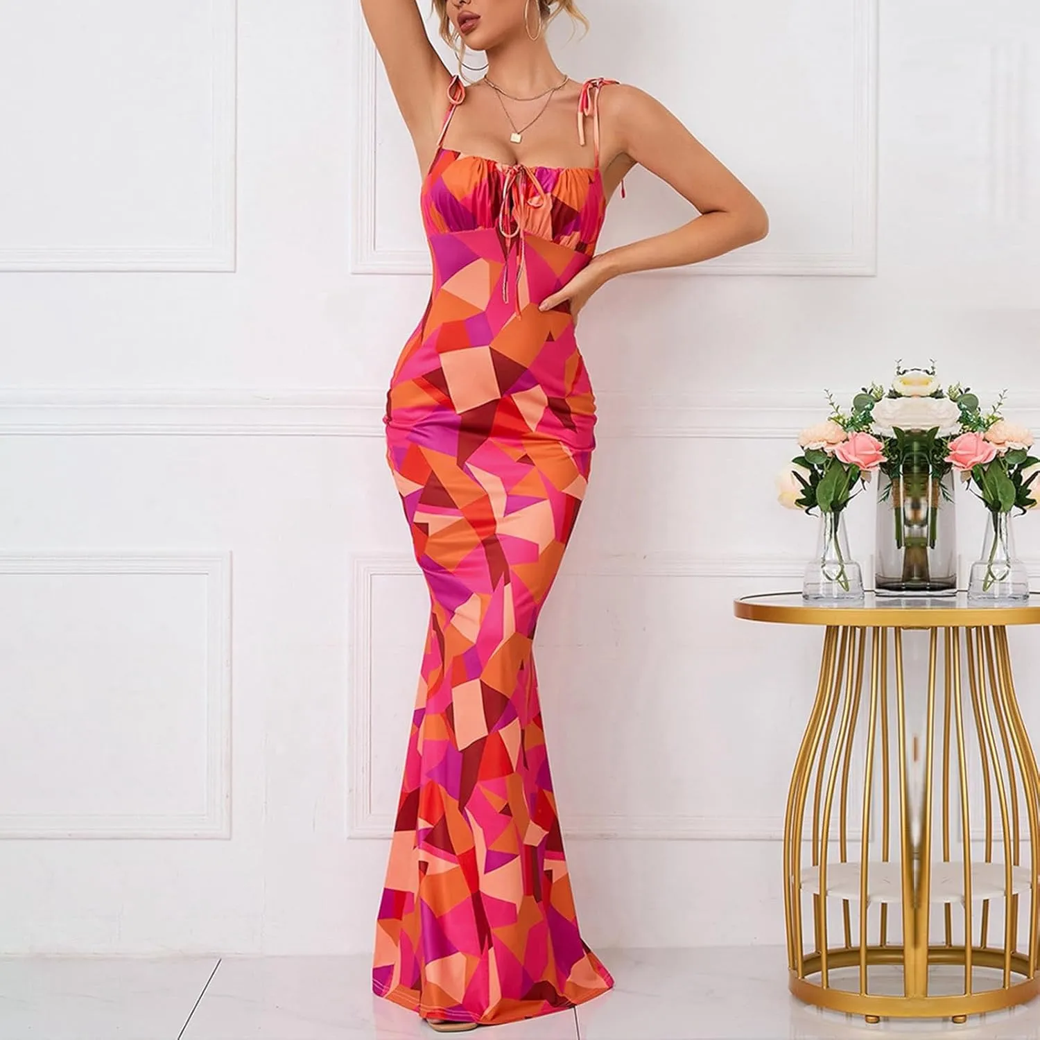 Womens Boho Bodycon Floral Maxi Dress Summer Spaghetti Strap Low Cut Cami Dress Sleeveless Sexy Backless Long Dresses