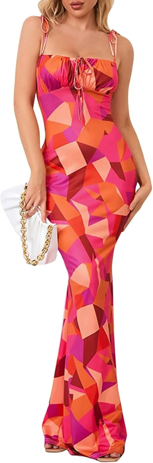 Womens Boho Bodycon Floral Maxi Dress Summer Spaghetti Strap Low Cut Cami Dress Sleeveless Sexy Backless Long Dresses