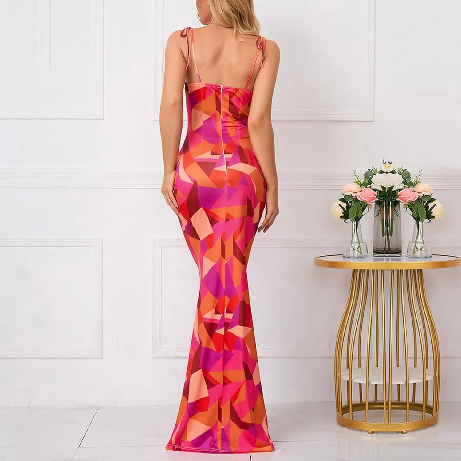 Womens Boho Bodycon Floral Maxi Dress Summer Spaghetti Strap Low Cut Cami Dress Sleeveless Sexy Backless Long Dresses