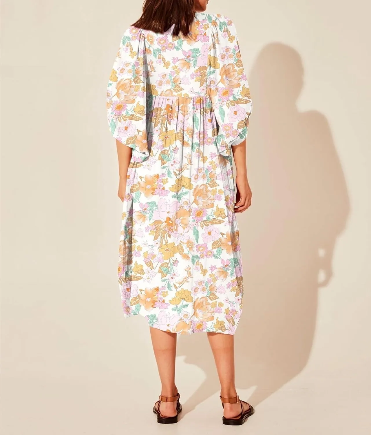 Womens Boho Sundress Summer Dresses V Neck Puff Sleeve Floral Flowy Swing Casual Dress Plus