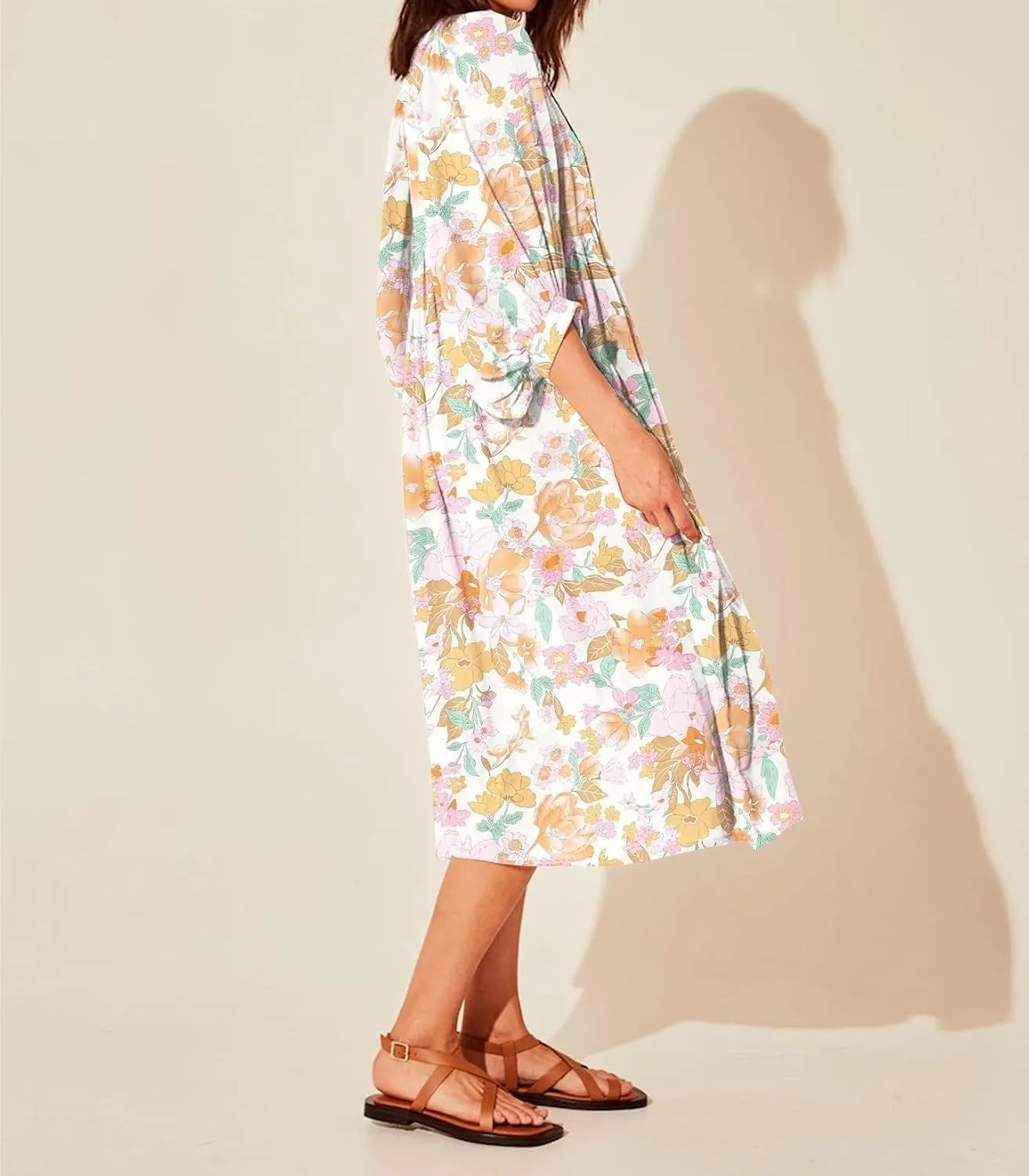 Womens Boho Sundress Summer Dresses V Neck Puff Sleeve Floral Flowy Swing Casual Dress Plus