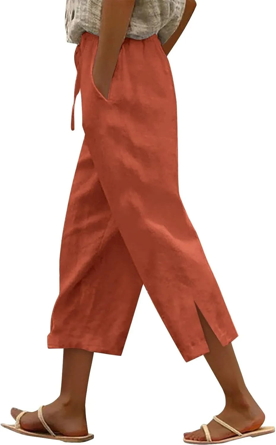 Women's Bottoms Solid Color Cotton Linen Elastic Seven Pants Beach Casual Pants Linen Summer Drawstring Waist Wide Leg