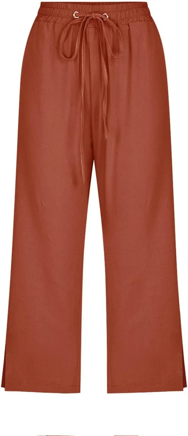 Women's Bottoms Solid Color Cotton Linen Elastic Seven Pants Beach Casual Pants Linen Summer Drawstring Waist Wide Leg