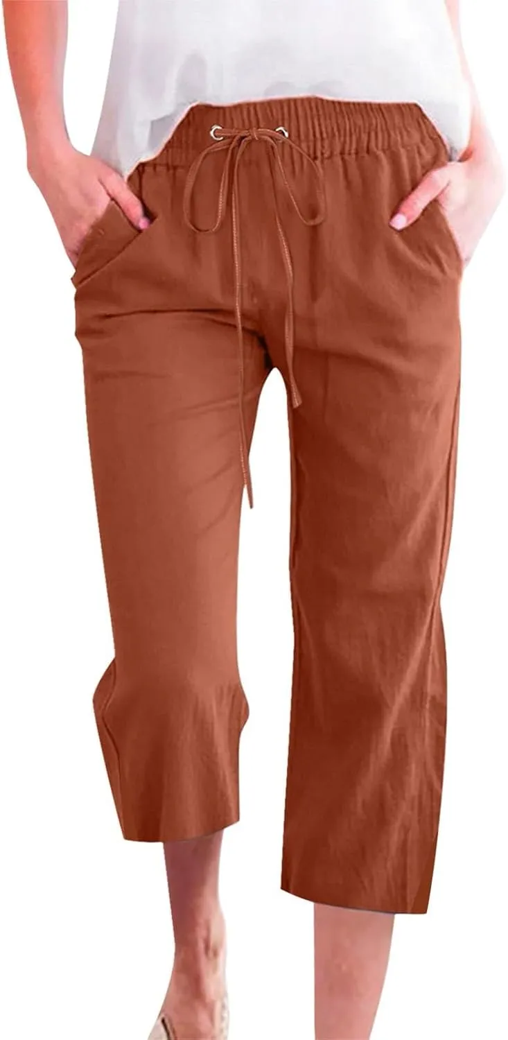 Women's Bottoms Solid Color Cotton Linen Elastic Seven Pants Beach Casual Pants Linen Summer Drawstring Waist Wide Leg