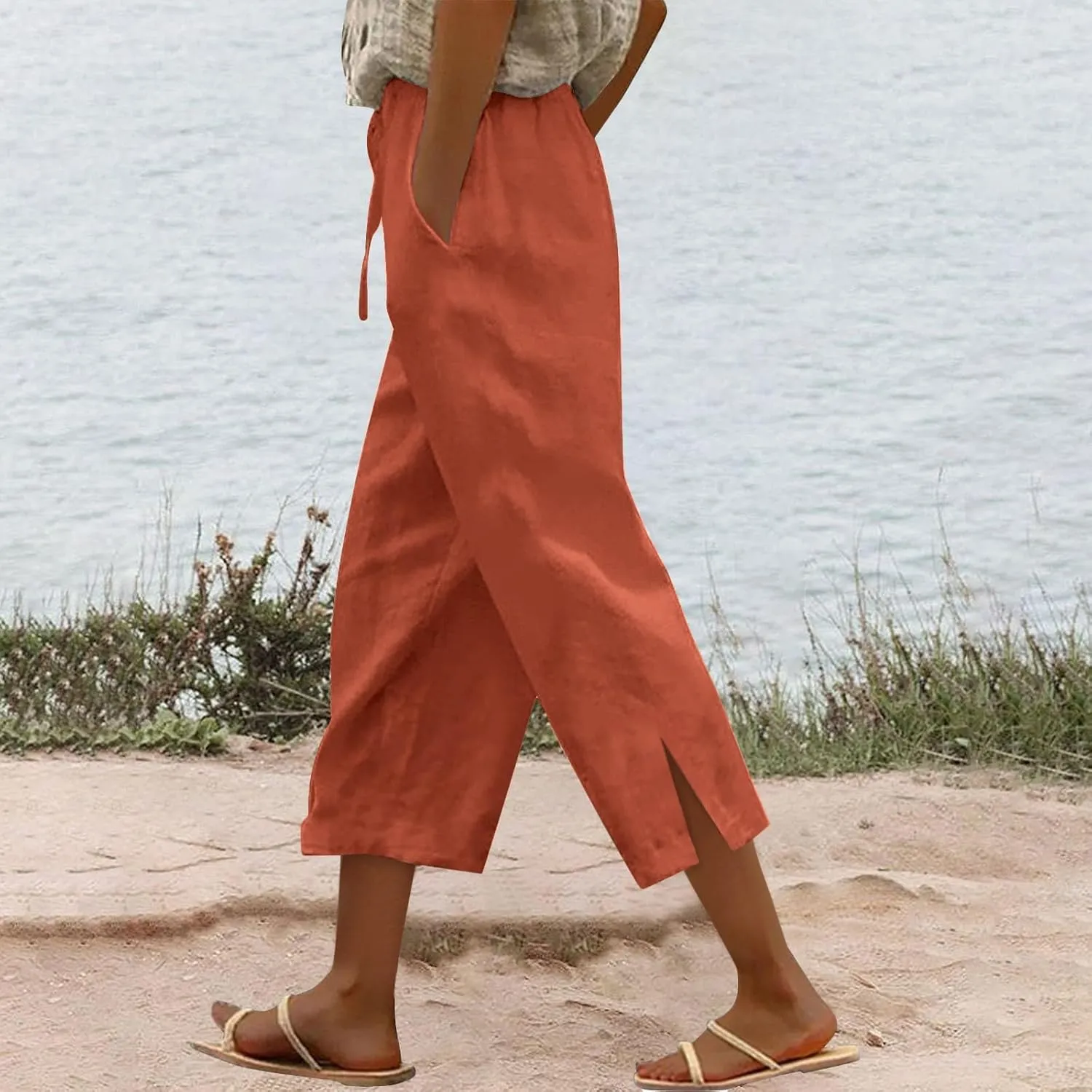 Women's Bottoms Solid Color Cotton Linen Elastic Seven Pants Beach Casual Pants Linen Summer Drawstring Waist Wide Leg