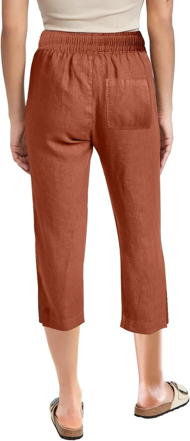 Women's Bottoms Solid Color Cotton Linen Elastic Seven Pants Beach Casual Pants Linen Summer Drawstring Waist Wide Leg