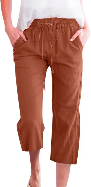 Women's Bottoms Solid Color Cotton Linen Elastic Seven Pants Beach Casual Pants Linen Summer Drawstring Waist Wide Leg