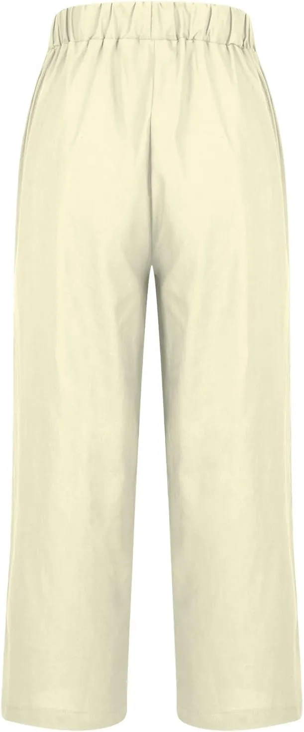 Womens Casual Linen High Waist Drawstring Pants Loose Fit Summer Beach Wide Leg Cropped Trousers with Pockets
