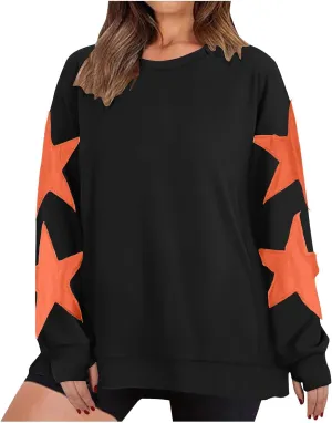 Women's Casual Loose Color Matching Round Neck Long Sleeved T-shirt Loose Top Long Sleeved Round Neck Star Tops