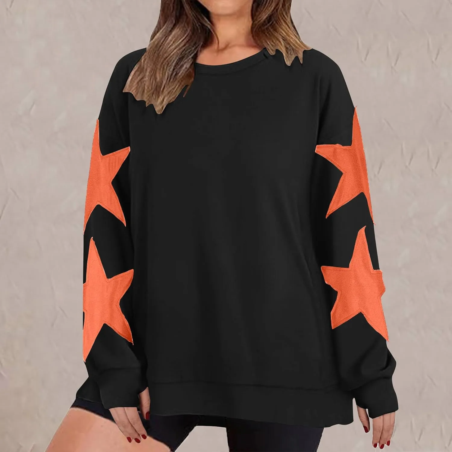 Women's Casual Loose Color Matching Round Neck Long Sleeved T-shirt Loose Top Long Sleeved Round Neck Star Tops