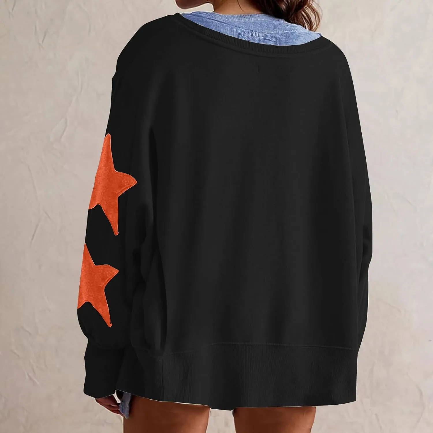 Women's Casual Loose Color Matching Round Neck Long Sleeved T-shirt Loose Top Long Sleeved Round Neck Star Tops