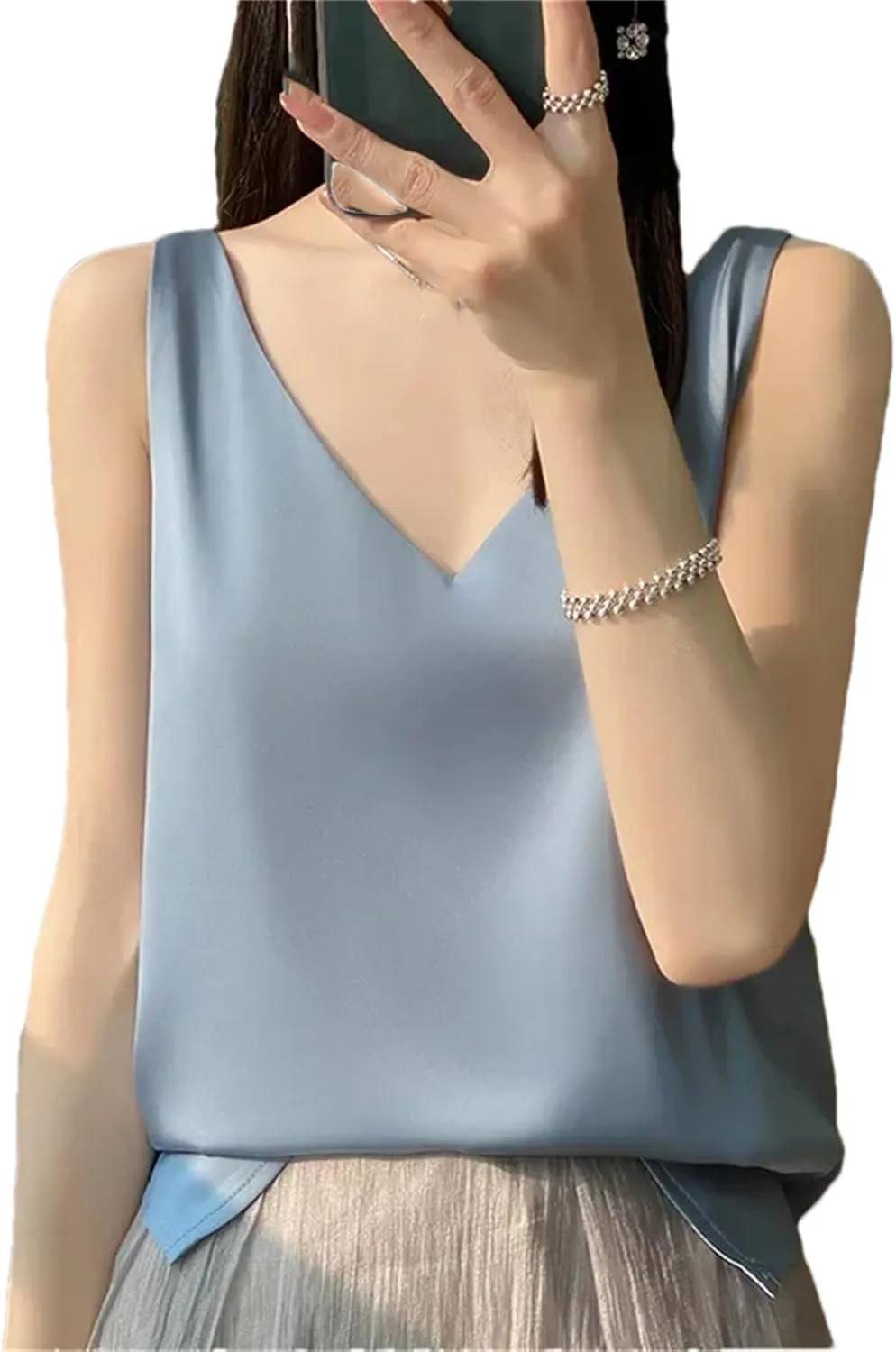 Women's Casual V-Neck Ice Silk Satin Camisole Tops Summer Sleeveless Solid Blouse Vest