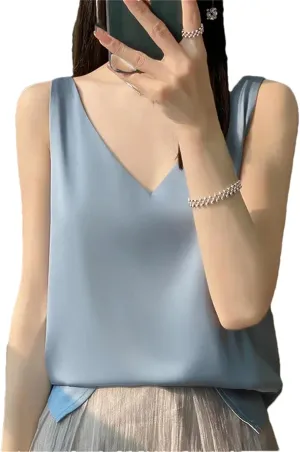 Women's Casual V-Neck Ice Silk Satin Camisole Tops Summer Sleeveless Solid Blouse Vest