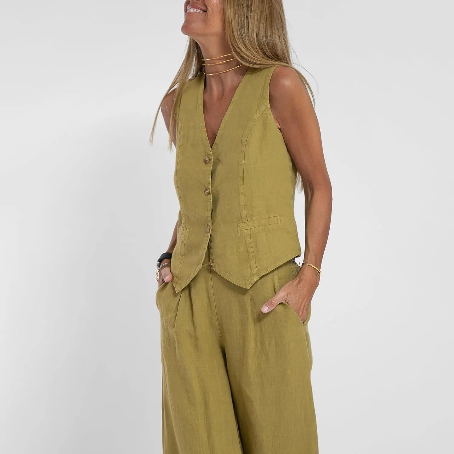 Womens Cotton Linen 2 Piece Outfit Sleeveless Suit Button V-Neck Vest and Wide Leg Pants Casual Blazer Matching Sets