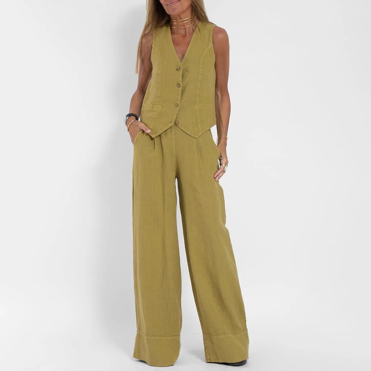 Womens Cotton Linen 2 Piece Outfit Sleeveless Suit Button V-Neck Vest and Wide Leg Pants Casual Blazer Matching Sets