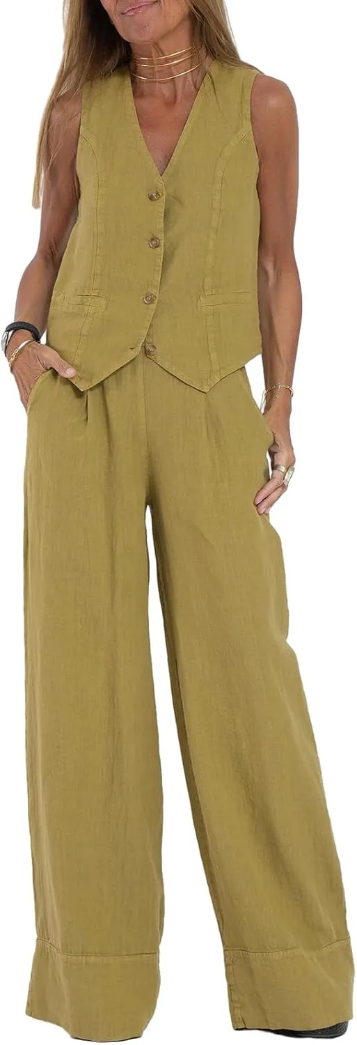 Womens Cotton Linen 2 Piece Outfit Sleeveless Suit Button V-Neck Vest and Wide Leg Pants Casual Blazer Matching Sets