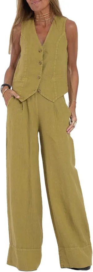 Womens Cotton Linen 2 Piece Outfit Sleeveless Suit Button V-Neck Vest and Wide Leg Pants Casual Blazer Matching Sets