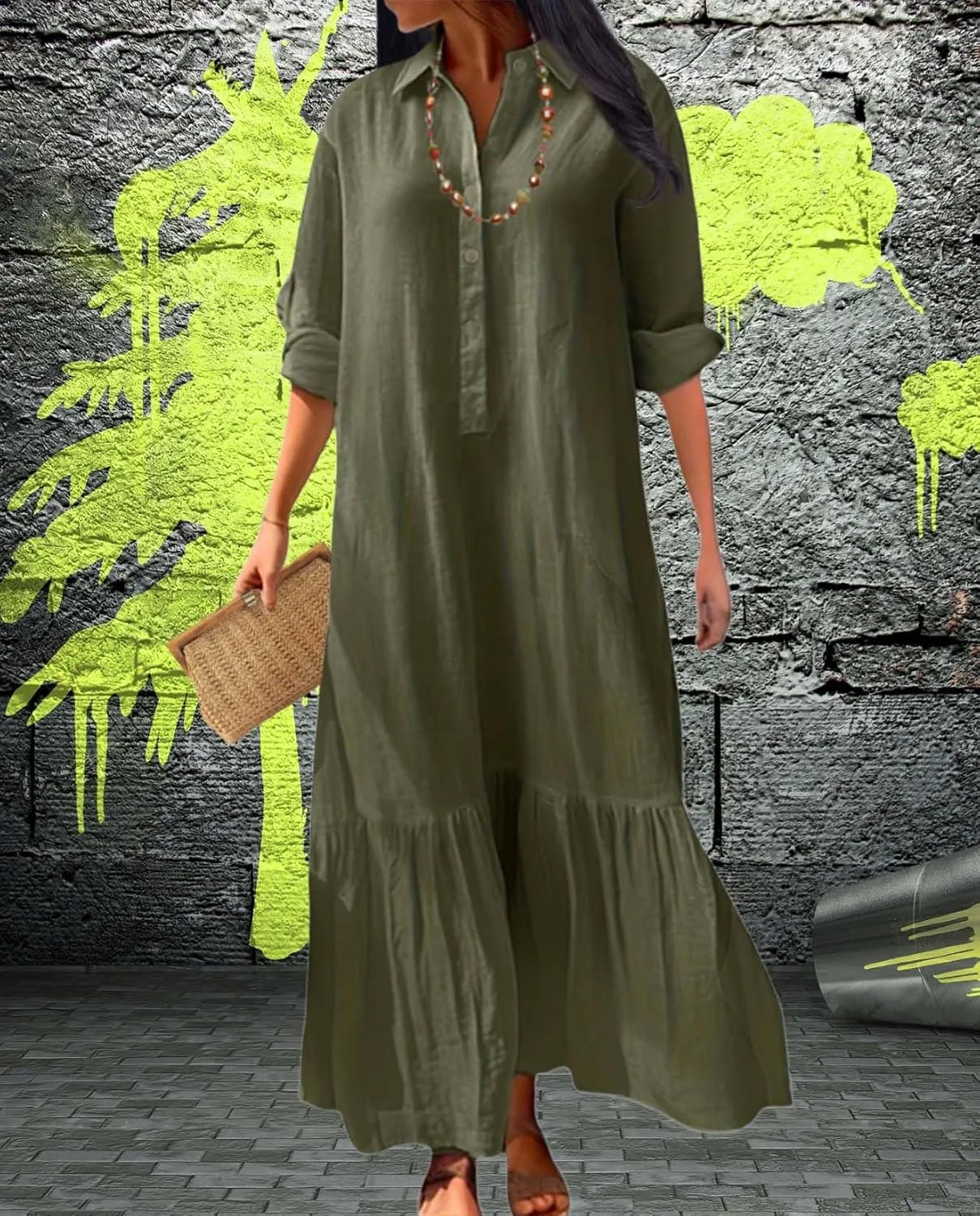 Womens Cotton Linen Dress Casual Button Down Long Sleeve Flowy Plus Size Lapel Collared Maxi Dresses Shirt Dress