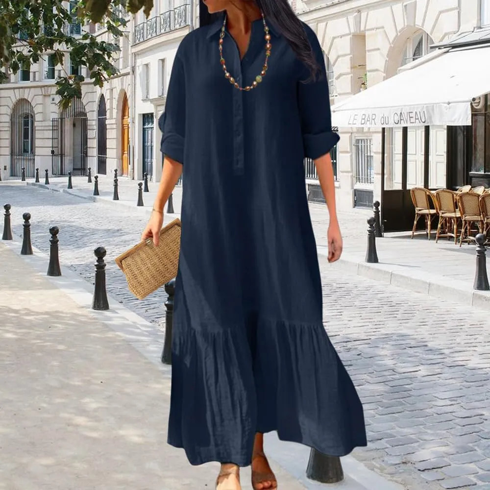 Womens Cotton Linen Dress Casual Button Down Long Sleeve Flowy Plus Size Lapel Collared Maxi Dresses Shirt Dress