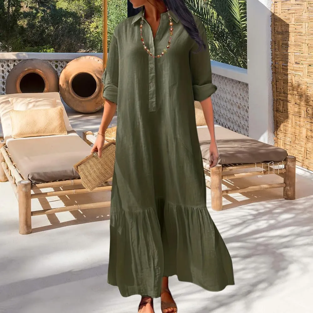 Womens Cotton Linen Dress Casual Button Down Long Sleeve Flowy Plus Size Lapel Collared Maxi Dresses Shirt Dress